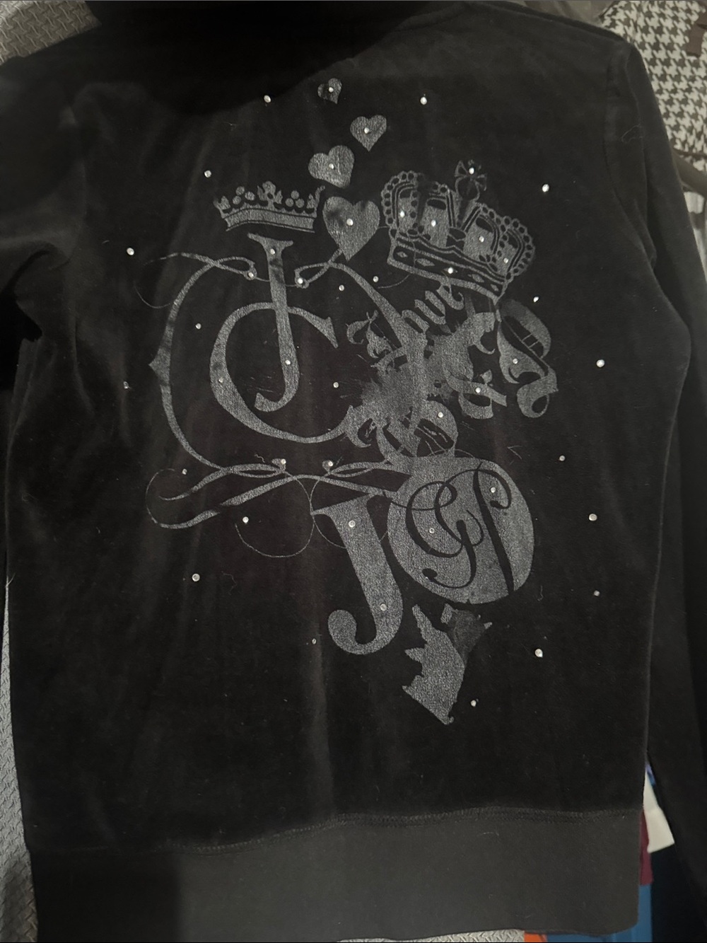 Juicy Couture Black Velour Logo Crown Sweatshirt with Silver Glitter Print